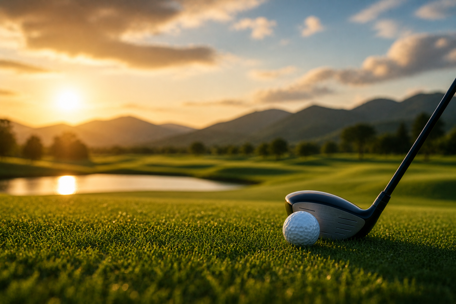 Golfclub en bal op het gras bij zonsondergang