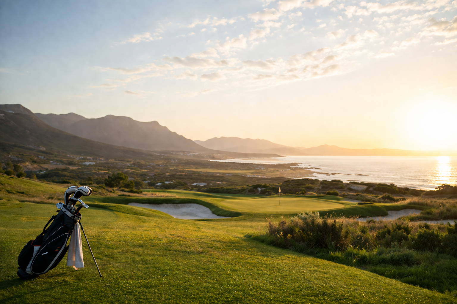 Golfbaan aan de kust bij zonsondergang