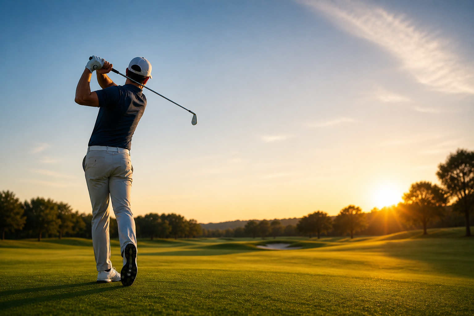 Golfer in zijn finish bij zonsondergang